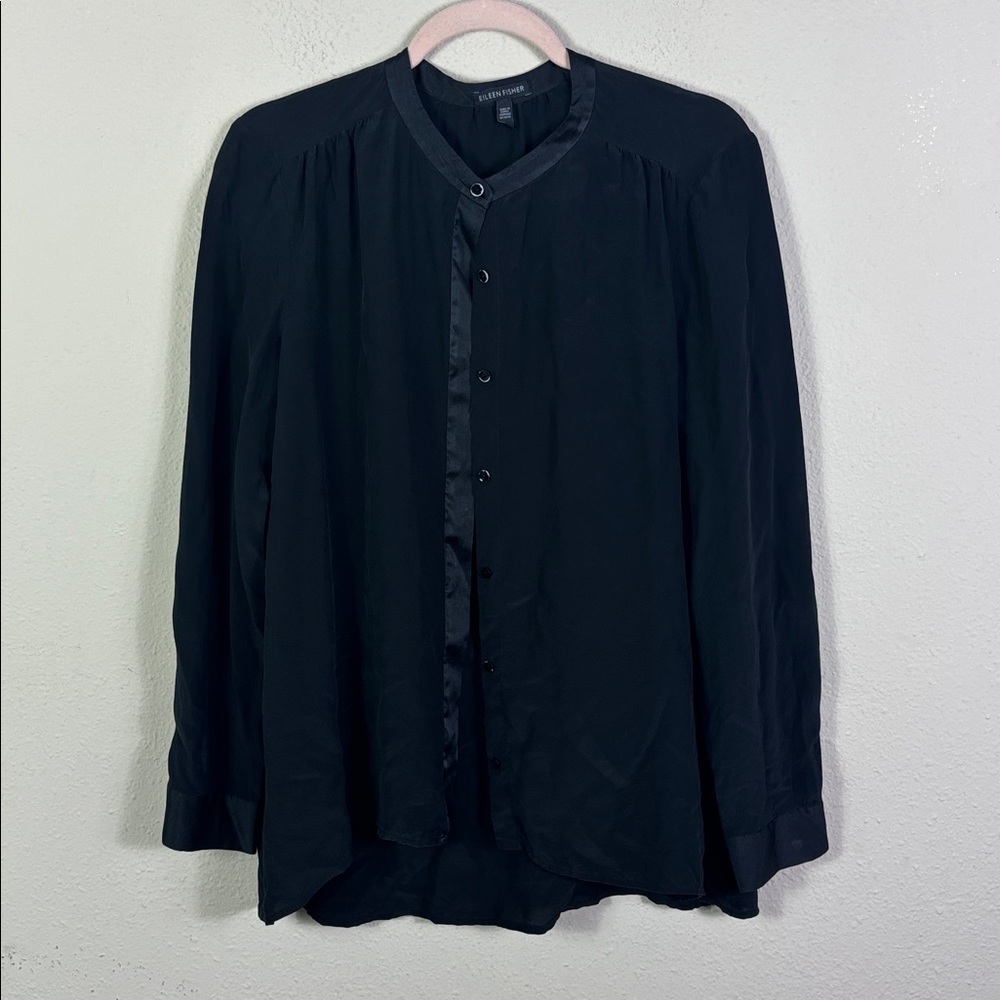 Eileen Fisher 100% Silk Black Button Down Shirt size Small